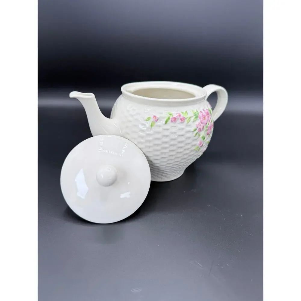 Vintage 1985 Teleflora Ceramic Teapot White Basket Weave Pink Floral Roses